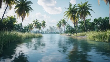 Fototapeta premium Idyllic tropical scenery with placid river, lush palms, and serene atmosphere