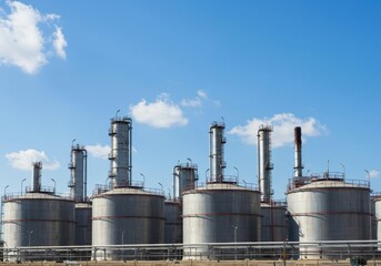 Obraz premium Industrial oil refinery with large storage tanks against clear blue sky