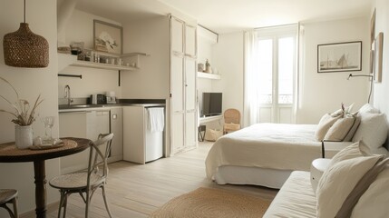 A cozy and modern small apartment bedroom and kitchenette