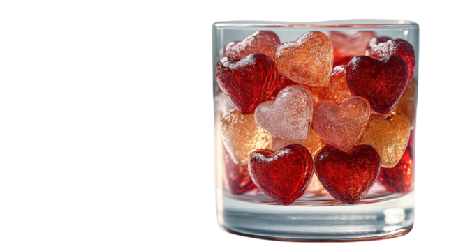 Candy Hearts in Glass: A transparent glass overflows with vibrant, heart-shaped candies, each glistening with tempting colors, creating a sweet and playful visual.