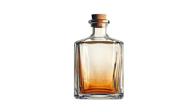 Empty Bottle with Cork: An elegant, empty glass bottle with a cork stopper, perfect for showcasing beverages or essential oils. This object is set against a clean backdrop.