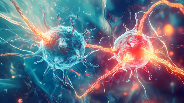 A detailed illustration of two white blood cells with prion virus fibrils and electric stripes between the cells,. Fractal Lumens. Illustration
