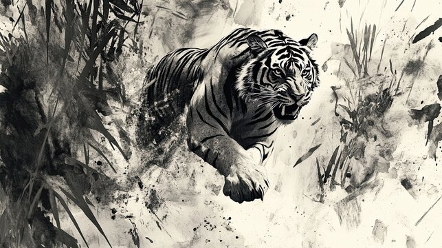 Ink Wash of a Tiger Leaping Through Dense Foliage
