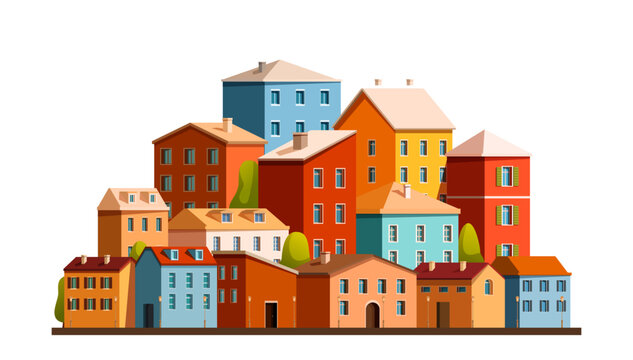 cartoon stylized city on a hill with colorful houses, vector illustration