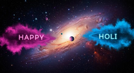 A joyful celebration of Holi featuring vibrant colors and cosmic symbols among friends.