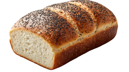 Artisan Bread with Poppy Seeds: Close-up studio shot of a loaf of artisan bread with a crust speckled with poppy seeds, cut to reveal the soft, airy interior. 
