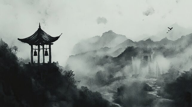 Serene Ink Wash of a Temple Bell Ringing in a Misty