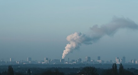 Urban skyline shrouded in dense smoke emission against a clear horizon