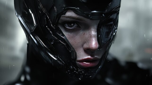 Cyberpunk woman portrait with metallic visor and freckles gazing with intense look futuristic character close-up