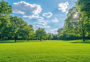Obraz premium Lush Green Park Landscape Under Bright Blue Sky with Fluffy White Clouds and Sunlight Filtering Through Trees in a Scenic Natural Environment