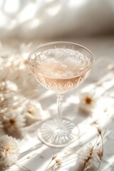Obraz premium Sparkling rose wine in a coupe glass, surrounded by dried flowers and sunlight.