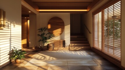 Obraz premium A sunlit interior hallway displays wooden elements and natural accents