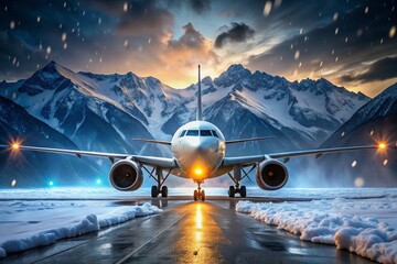 Fototapeta premium Airplane Snowstorm Mountain Runway Night Landing Flight Storm