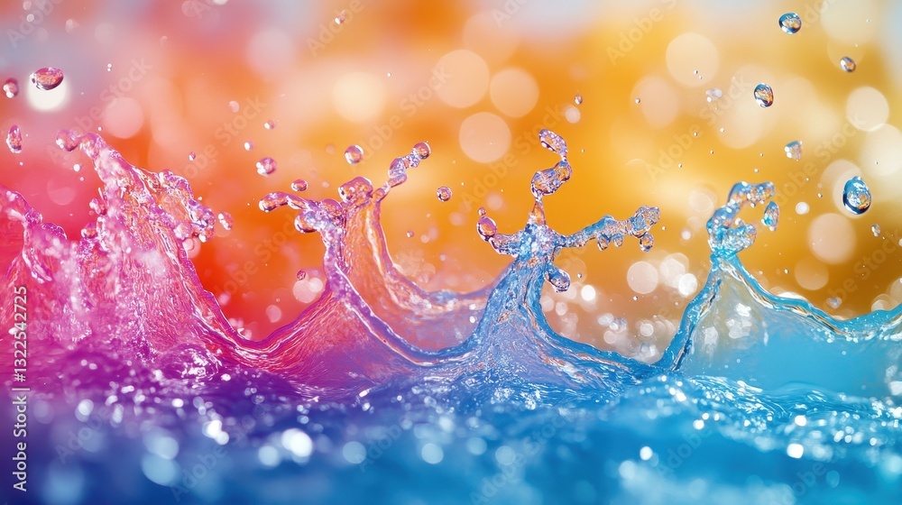 Poster colorful splash of water creating vibrant droplets against a gradient background during a sunny day