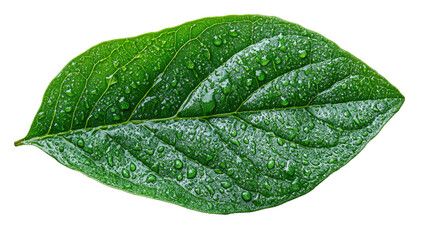 Obraz premium Dew-Kissed Emerald Leaf: A vibrant green leaf glistens with droplets of morning dew, a close-up capturing nature's delicate artistry. 