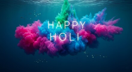 A vibrant explosion of colored inks cascading from a water surface, celebrating the joyous spirit of Holi under the ocean's glow.