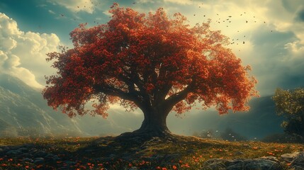 Background with large tree with red flowers, AI-generated