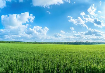 Obraz premium Lush Green Rice Field Under Bright Blue Sky with Puffy White Clouds in a Serene Landscape