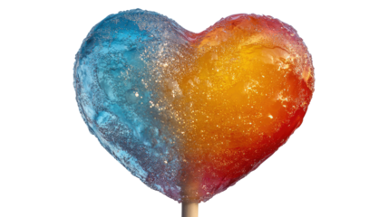 Colorful Heart Lollipop: An enchanting macro shot of a heart-shaped lollipop, its halves a vibrant blend of blue and orange hues. The candy glistens.