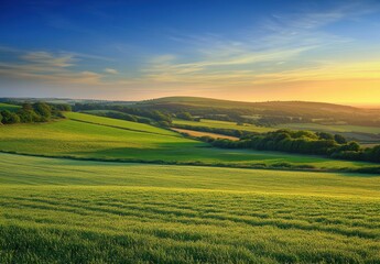 Fototapeta premium Lush Green Rolling Hills Under the Golden Hues of a Serene Sunset with Vast Blue Sky and Soft Clouds in the Tranquil Countryside Landscape