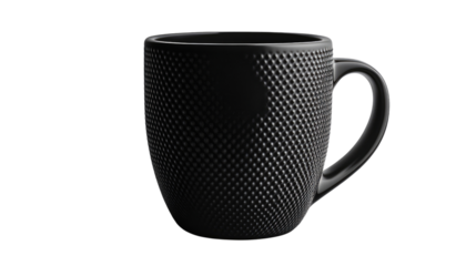 Textured Black Ceramic Mug: A sleek, black ceramic mug with a textured surface, displayed in a studio setting.