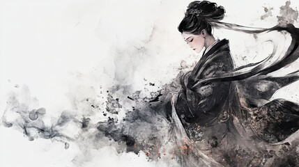 Elegant Ink Wash of a Woman in Traditional Attire