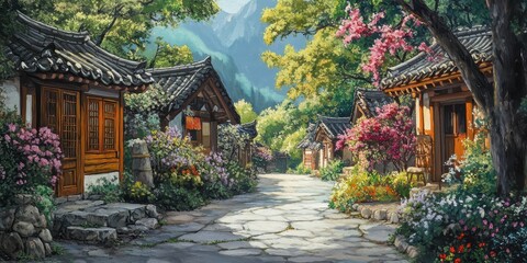 Obraz premium A beautiful scenic street with traditional wooden houses and flowers
