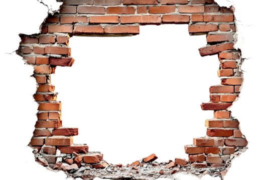 Destroyed wall with a red brick hole in the middle isolated on white background vertical frame grunge frame High quality photo
