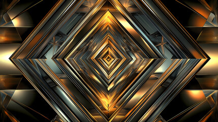Obraz premium Triangular metallic surface with golden reflections and geometric patterns. Golden Reflections. Illustration