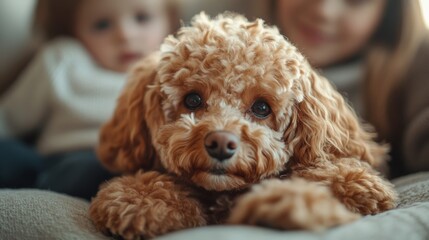 Toy Poodle Dog with Owner and Children in Natural Light