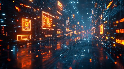 Fototapeta premium Futuristic digital corridor with glowing circuits