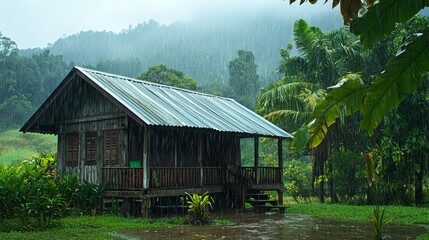 Traditional Malaysian Malay Village House with Zinc Roof and Wooden Wall