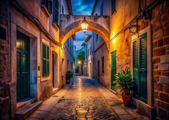 Fototapeta premium Atmospheric Low Light Alleyway Archway Ciutadella Menorca Spain Night Photography