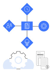 Flowchart with document, clock, people, lightbulb, and gear icons symbolizing organization. Ideal for business management, workflow, teamwork productivity innovation automation finance. Flat