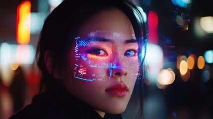 Young woman with augmented reality interface overlay in futuristic city environment