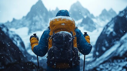 Snowy mountain trek: Backpacker explores a stunning, snow-covered mountain landscape, equipped with hiking poles for the challenging journey.