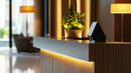  Modern hotel reception desk with digital device and warm ambient lighting for elegant hospitality mockup