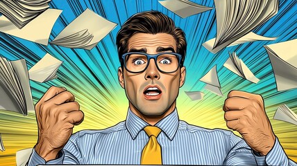 Printer Malfunction Cartoon, Office Worker Struggling with Technology, Funny Workplace Illustration, An office worker battling a malfunctioning printer, paper flying everywhere, exaggerated chaos