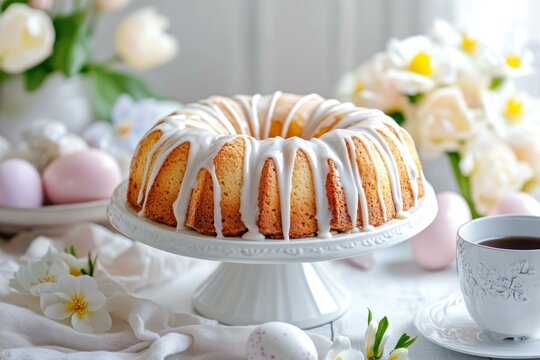  Easter celebration with traditional Polish babka cake and decorated eggs in elegant spring setting
