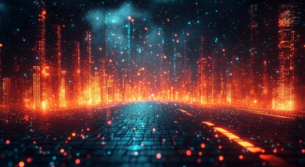 Abstract visualization of a city street layout, with orange lines highlighting roads and blue points representing buildings or circuits, alongside GPS details