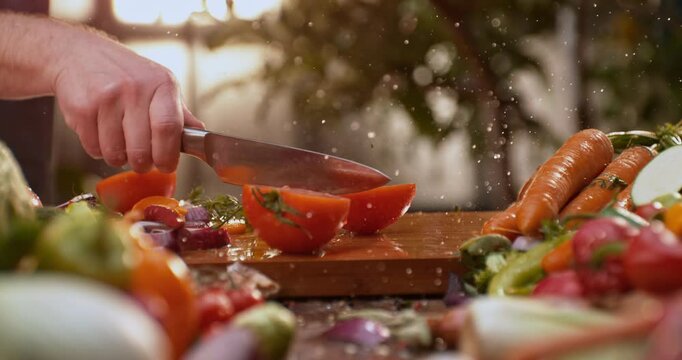 Male hands cutting fresh juicy tomato in half with a sharp kitchen knife on a wooden board, macro shot. Slow-motion footage