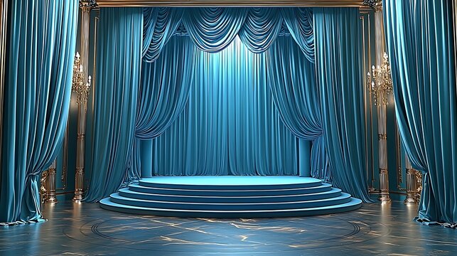A grand blue and gold theatre stage with elegant curtains