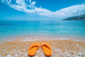 Bright orange flip flops resting on sandy beach with clear turquoise water and sunny sky