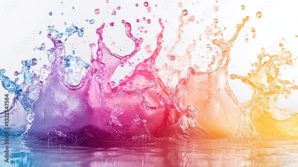 Poster colorful splash of water creating vibrant droplets against a gradient background during a sunny day