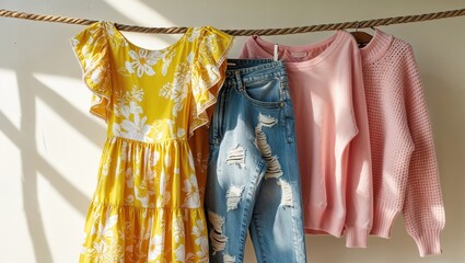 Summer wardrobe featuring a floral dress, ripped jeans, and cozy sweaters spotted in bright sunlight indoors