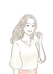 ブラウスを着て微笑みながら会話する女性