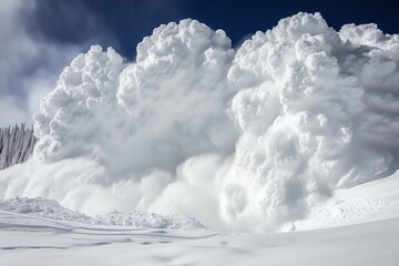 Massive snow avalanche descends down a mountain in winter landscape