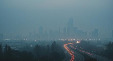 Fototapeta premium Foggy cityscape with light trails on winding highway at dusk