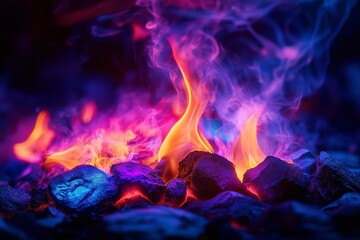 Vibrant flames dance above glowing rocks in a darkened setting while producing colorful smoke