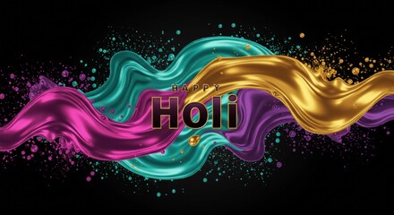 A vibrant celebration of Holi featuring colorful liquid splashes and festive messages in various languages.